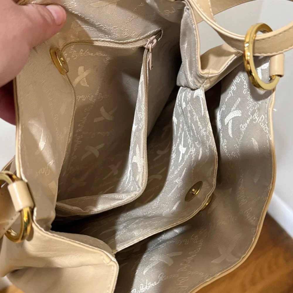 Vintage Paloma Picasso Leather Shoulder Bag Beige Gold‎ Logo Italy Repair